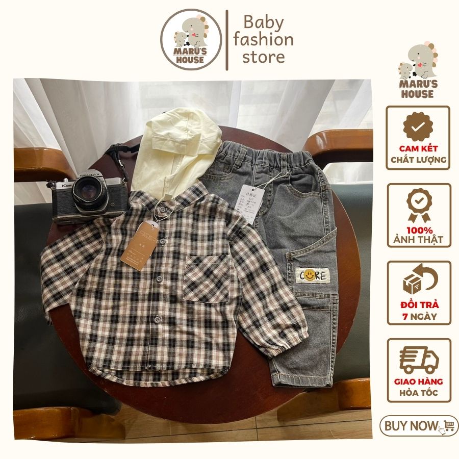 Áo khoác sơ mi có nón cho bé trai cá tính Maruhouse - Sơ mi caro phong cách Hàn Quốc Cho Bé Trai