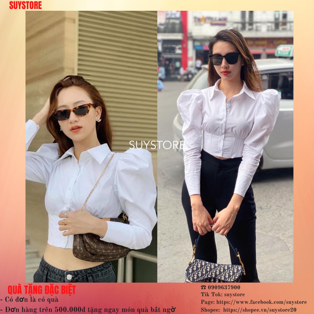 Áo sơ mi croptop vai phồng tay dài màu trắng suystore hàng thiết kế [Ảnh thật] | BigBuy360 - bigbuy360.vn