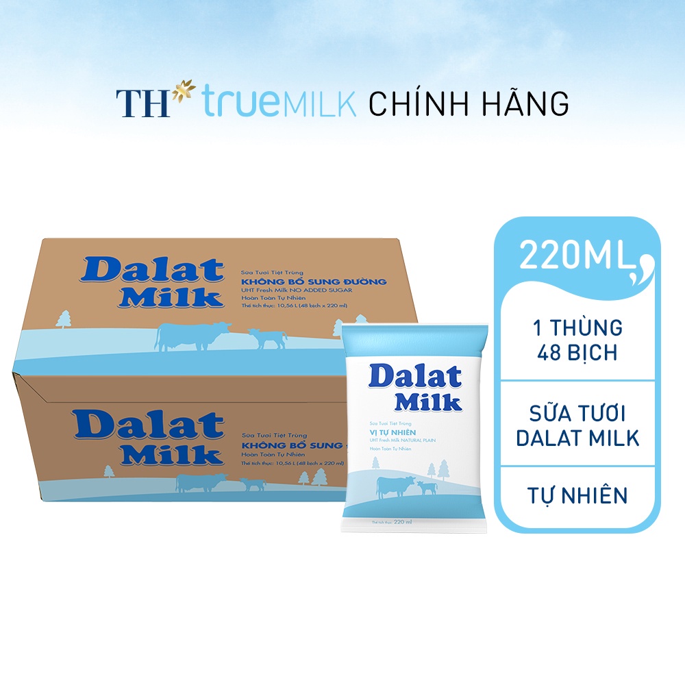 [HSD T7-2022] Thùng 48 Bịch Sữa tươi tiệt trùng Không Đường Dalat Milk 220ml