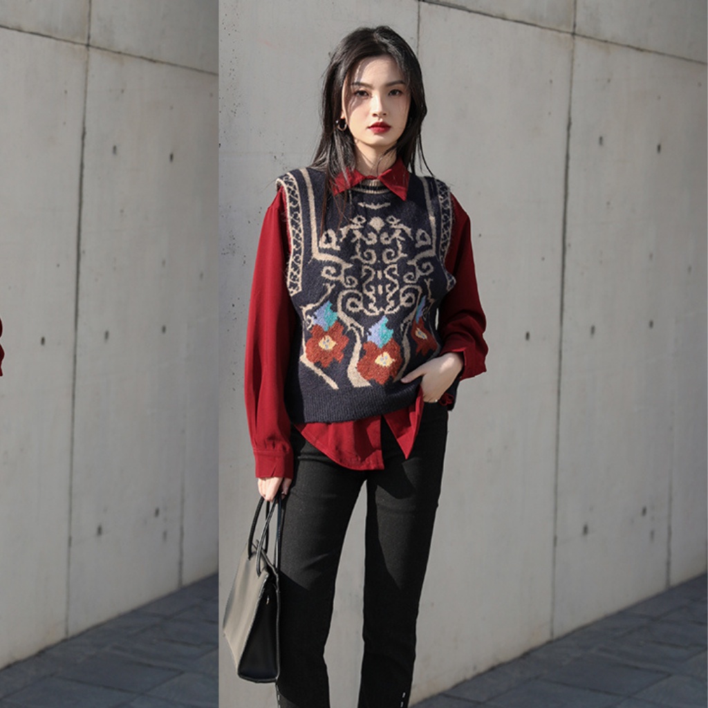 Áo Gile len nữ họa tiết phối màu đen be phong cách Unisex Hàn Quốc LADY SHOP M20HD | BigBuy360 - bigbuy360.vn