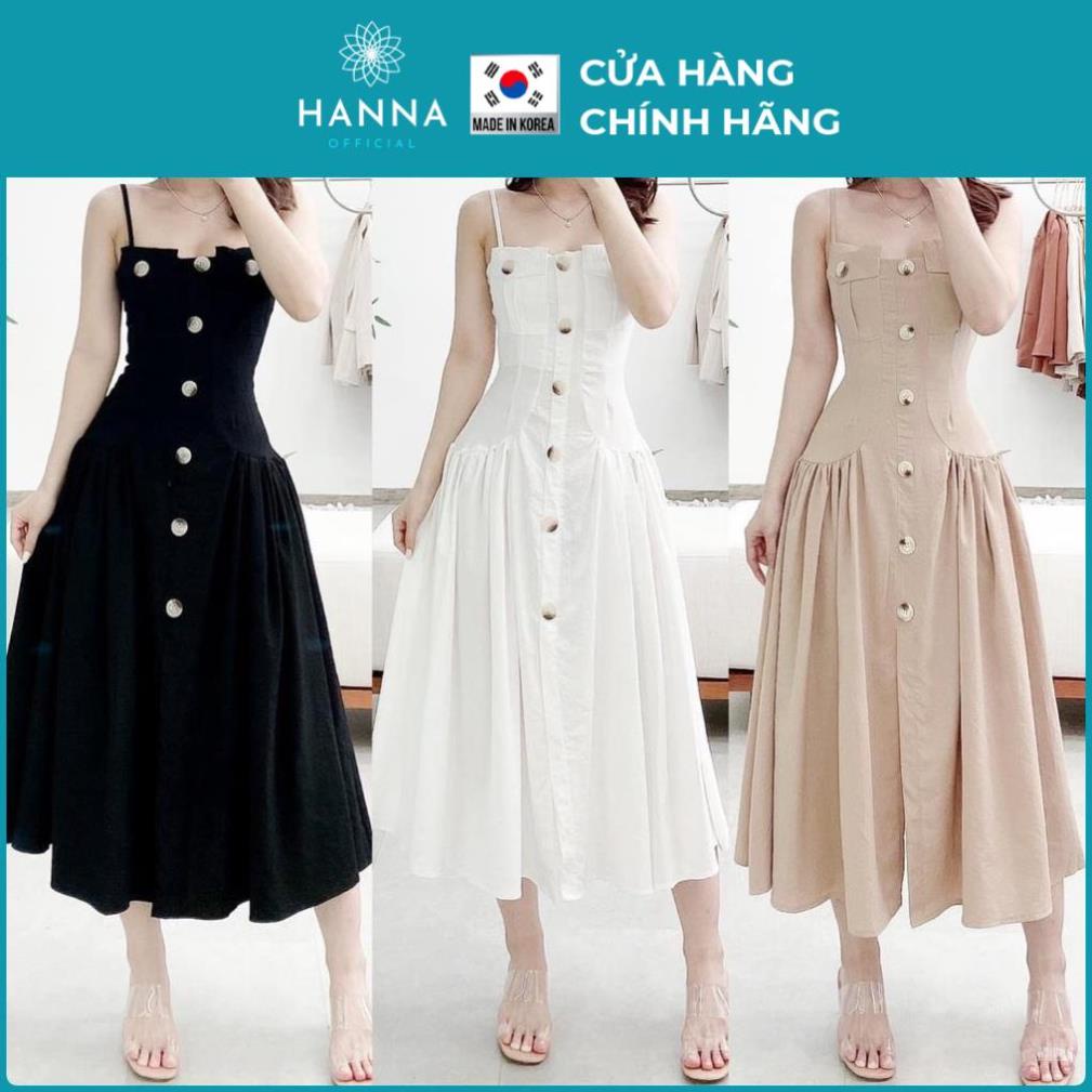 Đầm 2 dây cúc thân 3 màu chất đũi tằm/ Váy dây maxi mix cúc be đen trắng - HANNA - Hannah Store