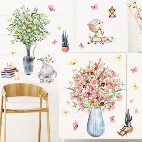 Decal trang trí tường - Bình hoa nở rộ cùng đàn bướm xinh