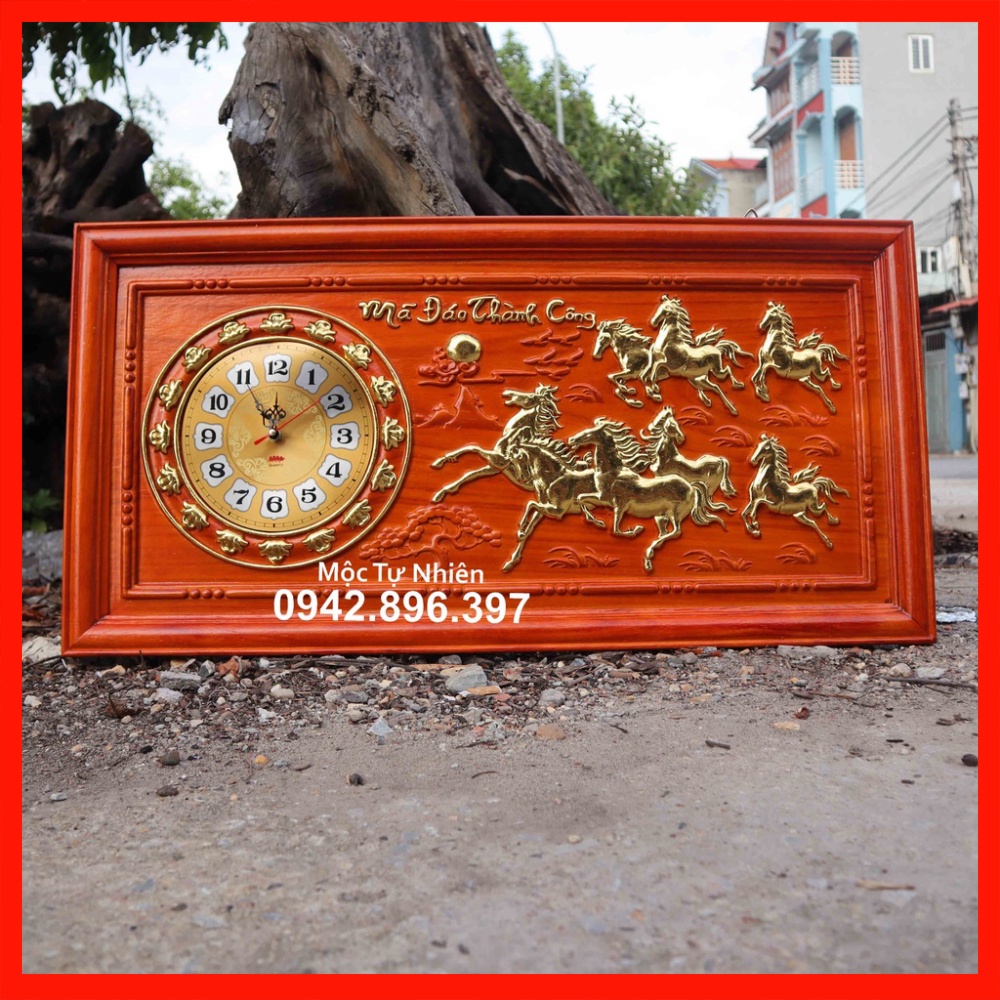 Tranh đồng hồ chữ Bát Mã Đáo Thành Công gỗ hương rát vàng dài 81 rộng 41