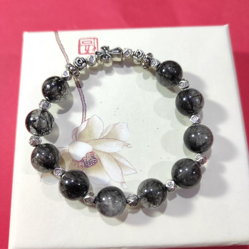 Vòng Mân Côi đá tóc đen mix charm bạc Thái - Vòng đeo tay cho nam nữ - Quà tặng Công Giáo
