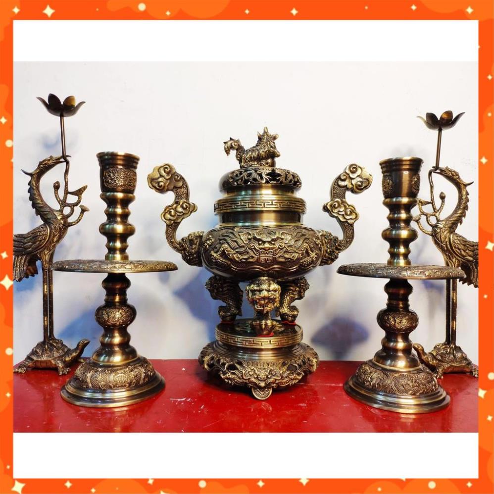 Bộ đỉnh lư thờ bằng đồng màu hun giả cổ cao cấp Tam sự - ngũ sự - đỉnh đồng giả cổ Cao 35cm