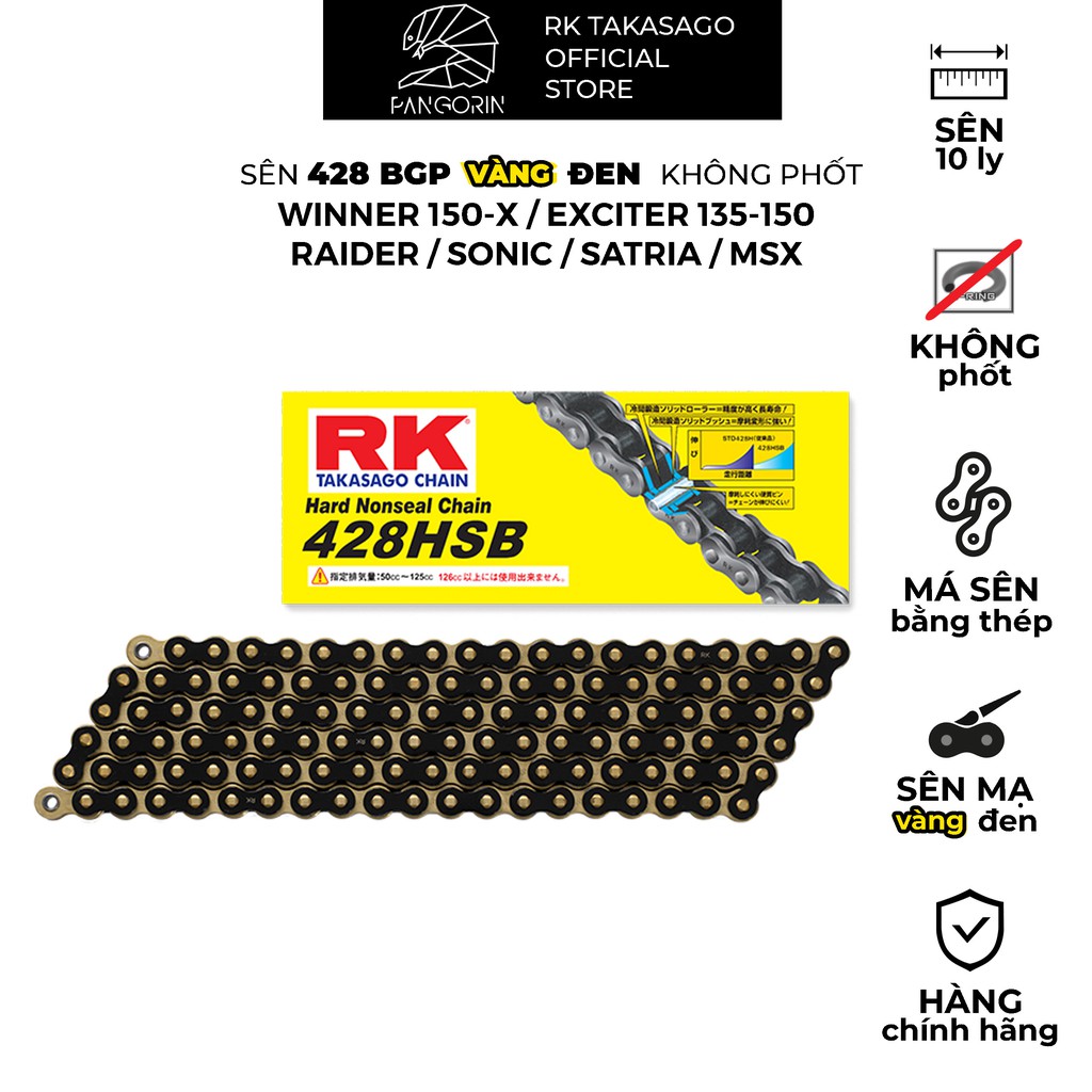 [CHÍNH HÃNG RK] Sên xe máy Exciter / Winner / Raider / Sonic / Satria 428 không phốt cao su Màu Đen Vàng (Black/Gold)