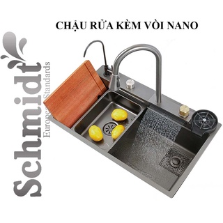 Chậu rửa bát một hố lớn schmidt 75x46 inox 304 mạ nano đen kết hợp vòi rút + thác nước - bảo hành 2 năm
