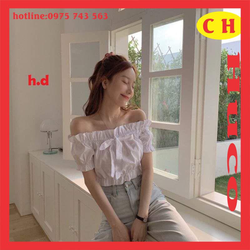 [ẢNH THẬT] ÁO CROPTOP nữ trễ vai thắt nơ có bèo nhún chất thô mềm dễ phối phù hợp đi chơi form chuẩn ảnh freesize giá rẻ