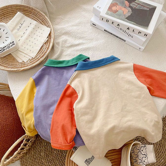 [Babycat] Hàng Có Sẵn Áo Thun POLO Cotton Nguyên Chất Tay Dài Màu Sắc Tương Phản Phong Cách Nhật Bản Hàn Quốc Cho Bé