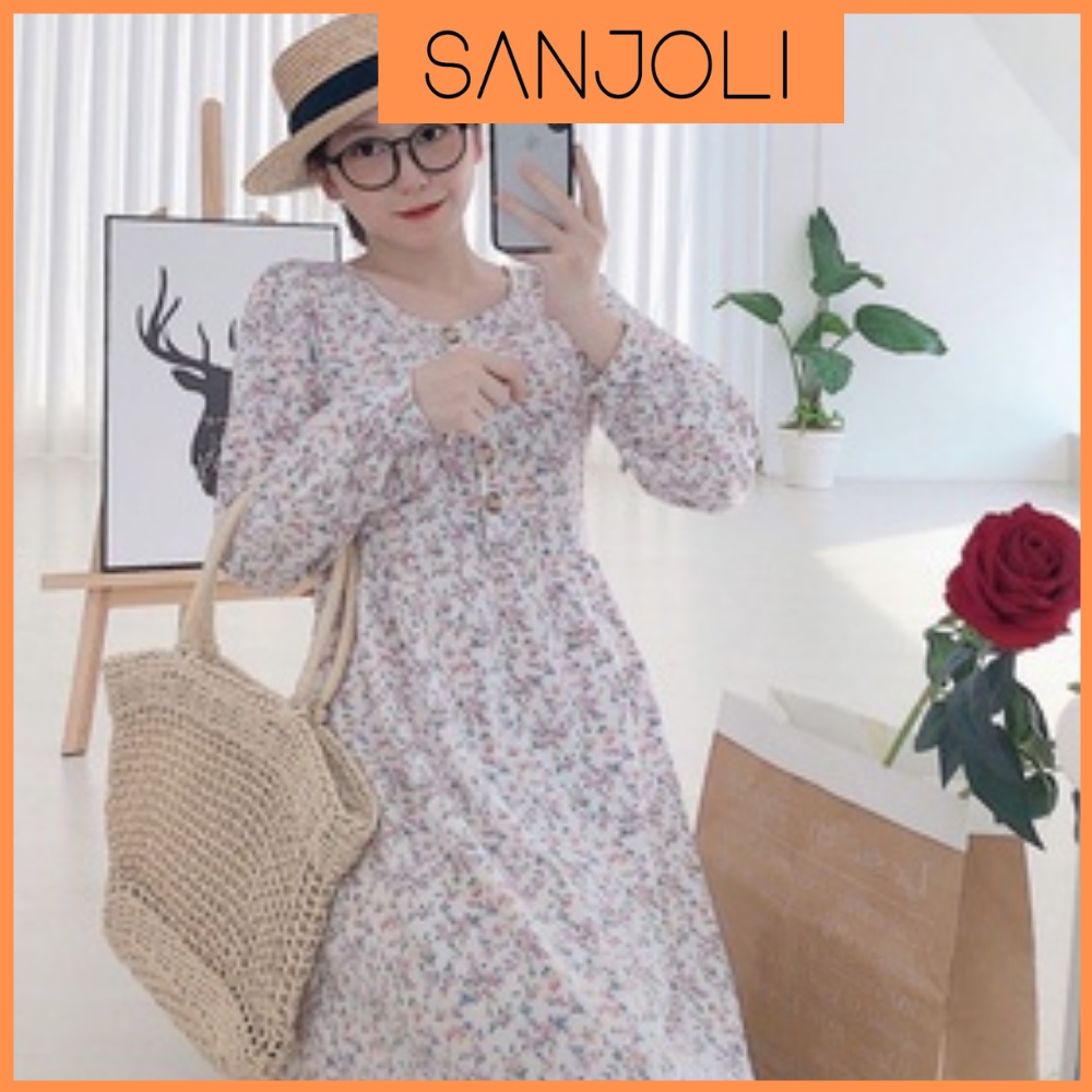 Váy babydoll hoa nhí dáng xòe, đầm họa tiết vintage Hàn quốc, phù hợp đi làm, đi chơi, dự tiệc SANJOLI VD008