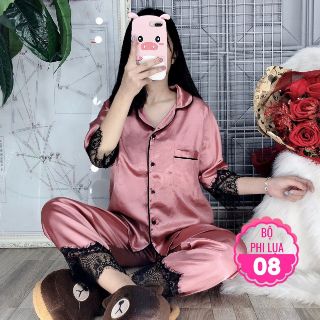 Đồ bộ pijama phi lụa viền ren tay lỡ size dưới 60kg