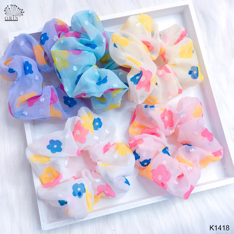 Dây buộc tóc, cột tóc vải scrunchies voan hoa mai thời trang cao cấp Orin K1418