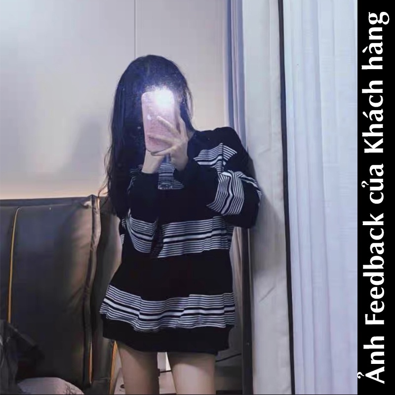 Áo sweater nữ form rộng hàn quốc 2021, áo sweater nữ nỉ dài tay sọc ngang đen trắng