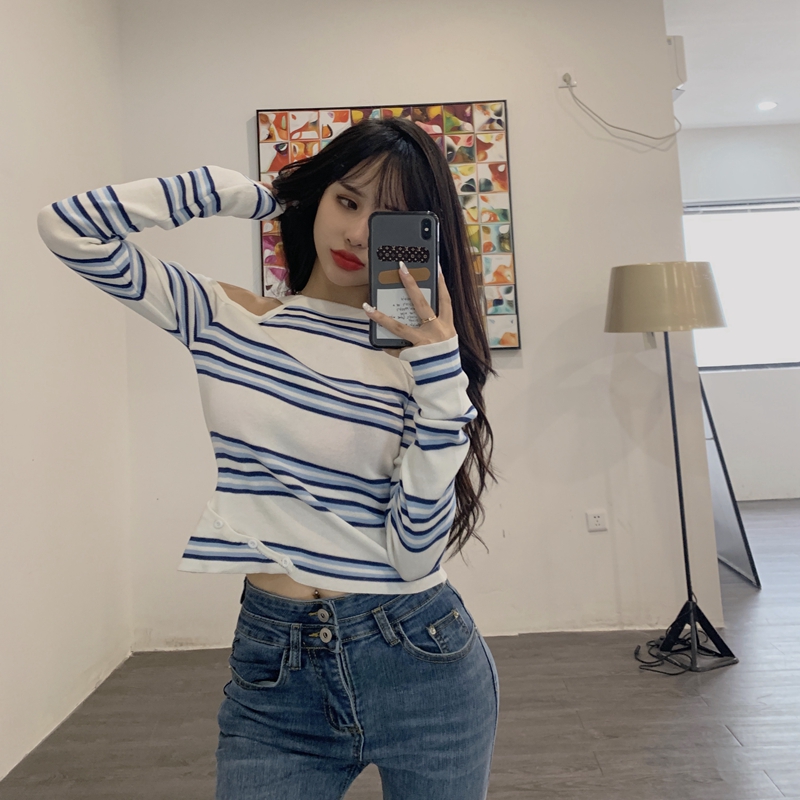 Áo Croptop Xiaozhainv Tay Dài Hoạ Tiết Kẻ Sọc Phong Cách Hàn Quốc