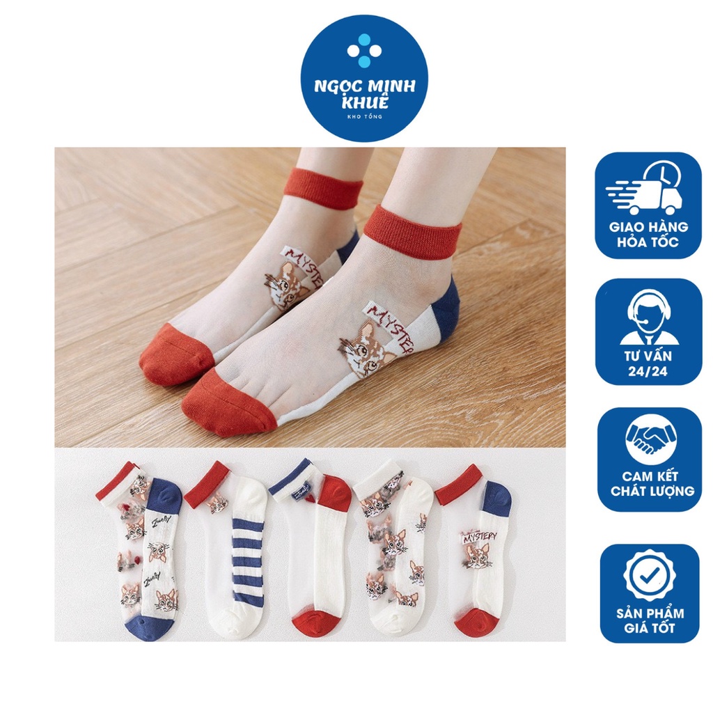 Tất Vớ Nữ Cổ Ngắn Hình Mèo Dễ Thương - Vải Cotton Co Giãn Tốt Phối Lưới Trong Suốt Mỏng Nhẹ