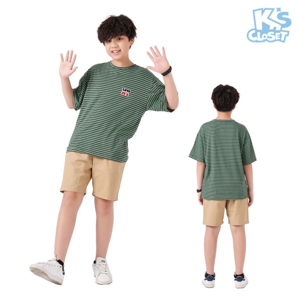 Áo phông cộc tay trẻ em K'S CLOSET sọc kẻ ngang, có hoạ tiết hình nổi trước ngực KT68TWS