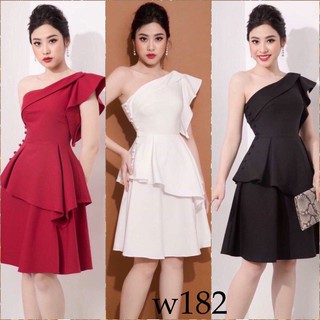 Đầm xoè dự tiệc lệch vai nút bọc sườn + Ảnh thật