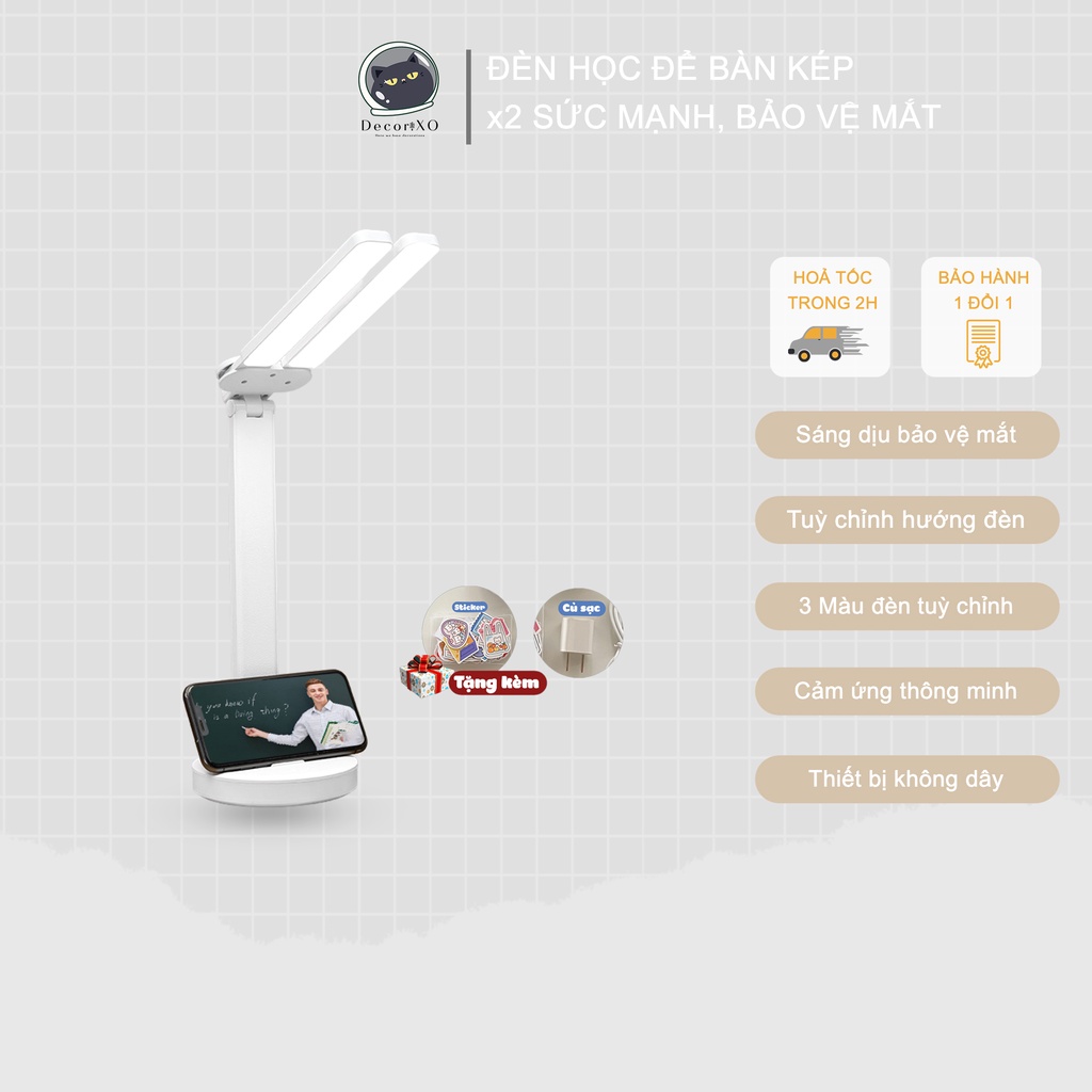 Đèn Học Để Bàn Kép đa năng an toàn bảo vệ mắt, nút cảm ứng tuỳ chỉnh 3 màu đèn và tăng giảm mức sáng