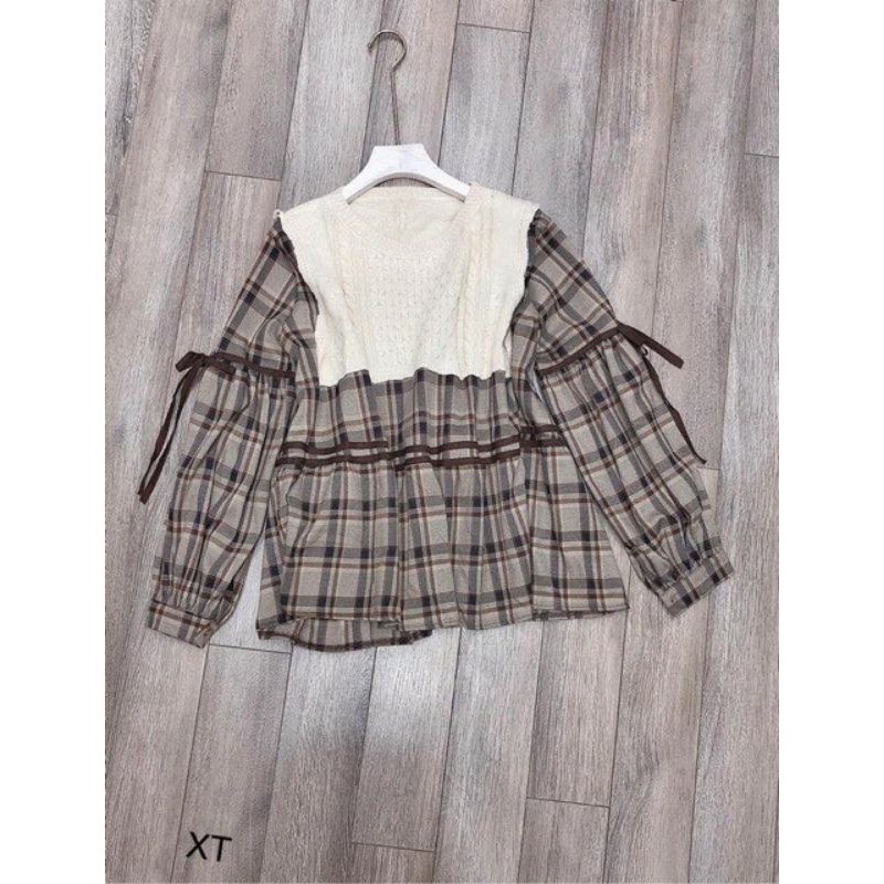 Áo babydoll caro phối len