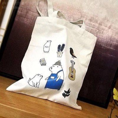 Túi tote vải canvas có khóa miệng in hình gấu xanh độc đáo