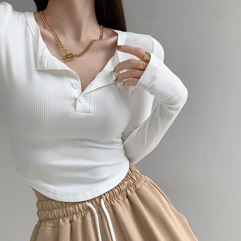 Áo thun IELGY thiết kế cổ chữ v tay dài dáng ôm màu xám thời trang cho nữ