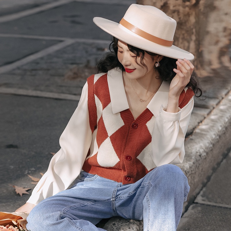 Hàng Sẵn_ Áo len kèm sơmi may liền thiết kế sang trọng Hadu shop