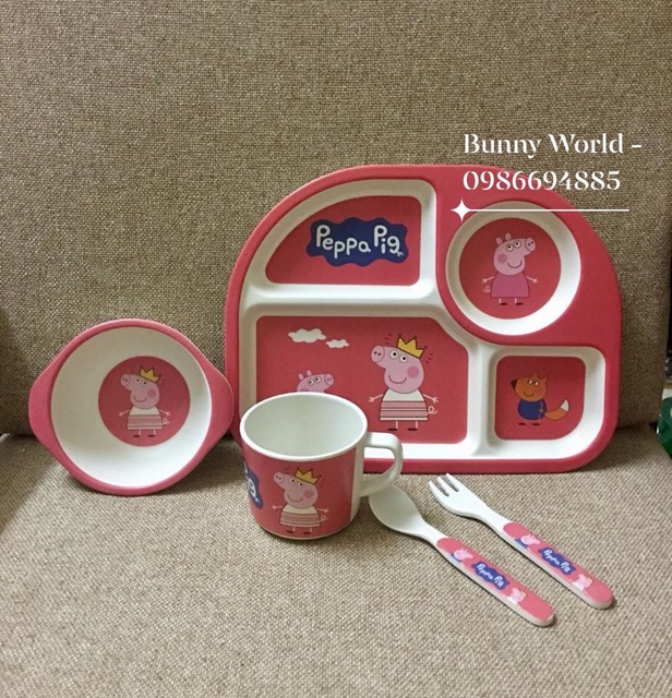 Bộ khay và bát ăn 5 chi tiết hình Peppa pig - ảnh thật