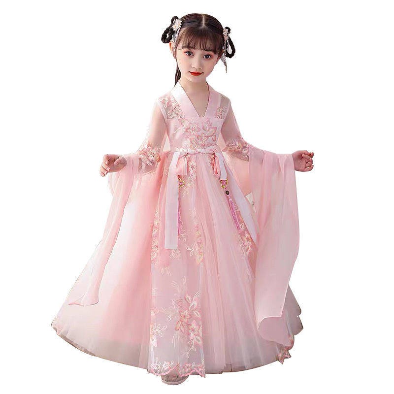 Hanfu cô gái cải thiện trang phục Hanfu trẻ em phù hợp với nữ mùa hè cuộn bột phong cách Trung Quốc Super Fairy Tiểu học