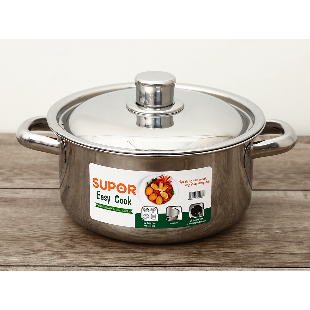 SUPOR- Bộ 3 nồi inox 430 Easycook đáy phẳng size 16/20/24cm, hàng chính hãng tương thích mọi loại bếp