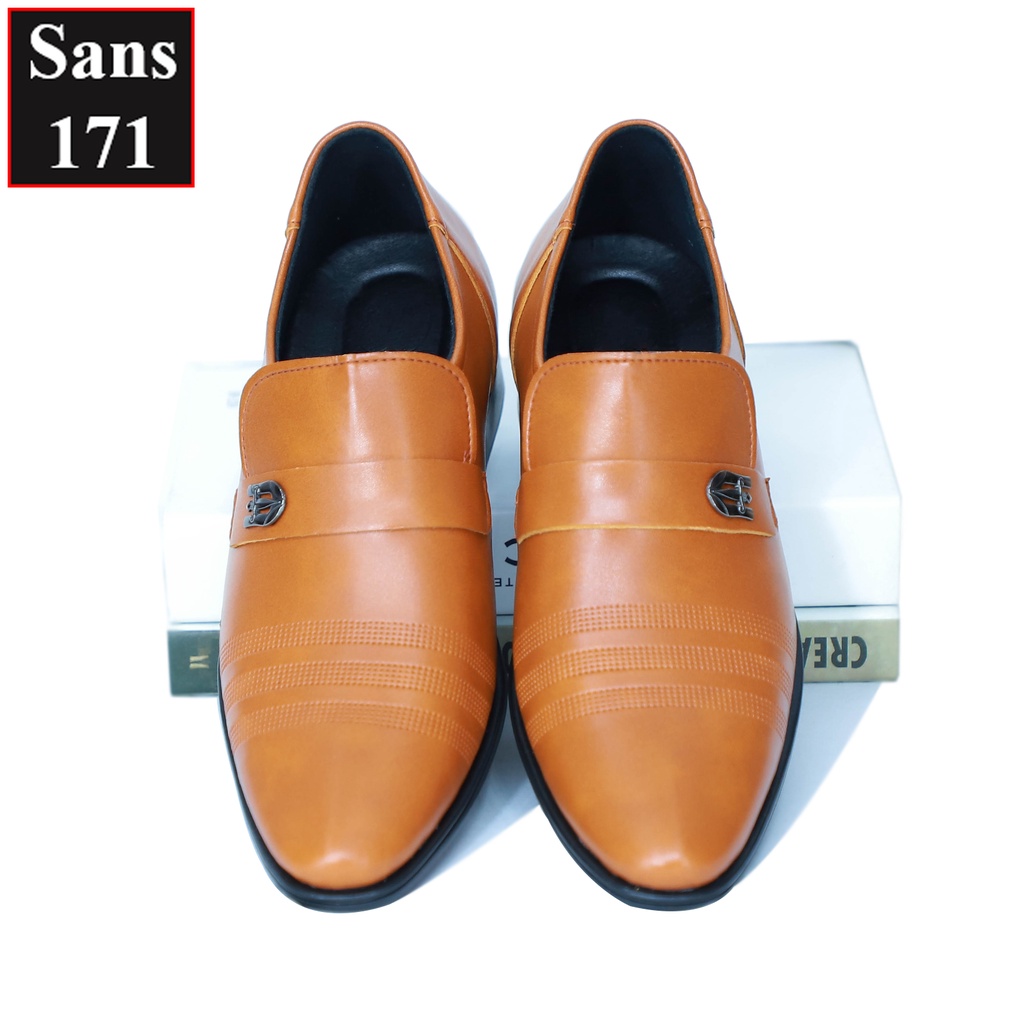 Giày tây nam tăng chiều cao 6cm Sans171 giầy da lười công sở độn đế phong cách lịch sự hàn quốc nâng gót màu đen nâu