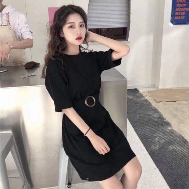 Váy thun đầm nữ tay lỡ Hàn Quốc kiểu basic + thắt lưng VV1