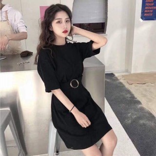 Váy thun đầm nữ tay lỡ Hàn Quốc kiểu basic + thắt lưng VV1
