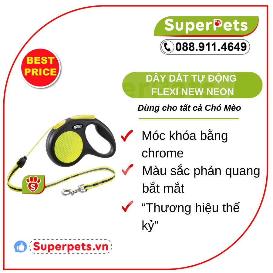 Dây Dắt Tự Động Cho Chó Mèo Dây Tròn  FLEXI NEW NEON SUPERPETS VIỆT NAM