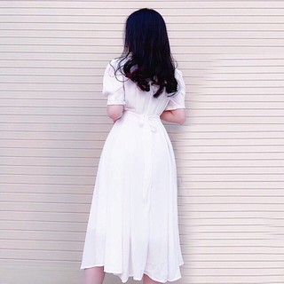 Đầm midi trắng xoè cổ vuông (kèm hình thật)