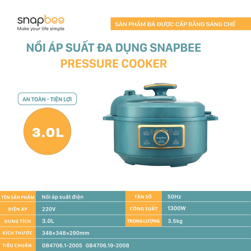 Nồi Áp Suất Đa Dụng SnapBee SK-203VN (3.0L) hầm hấp chiên xào nấu cháo 3L màu xanh - Hàng Chính Hãng