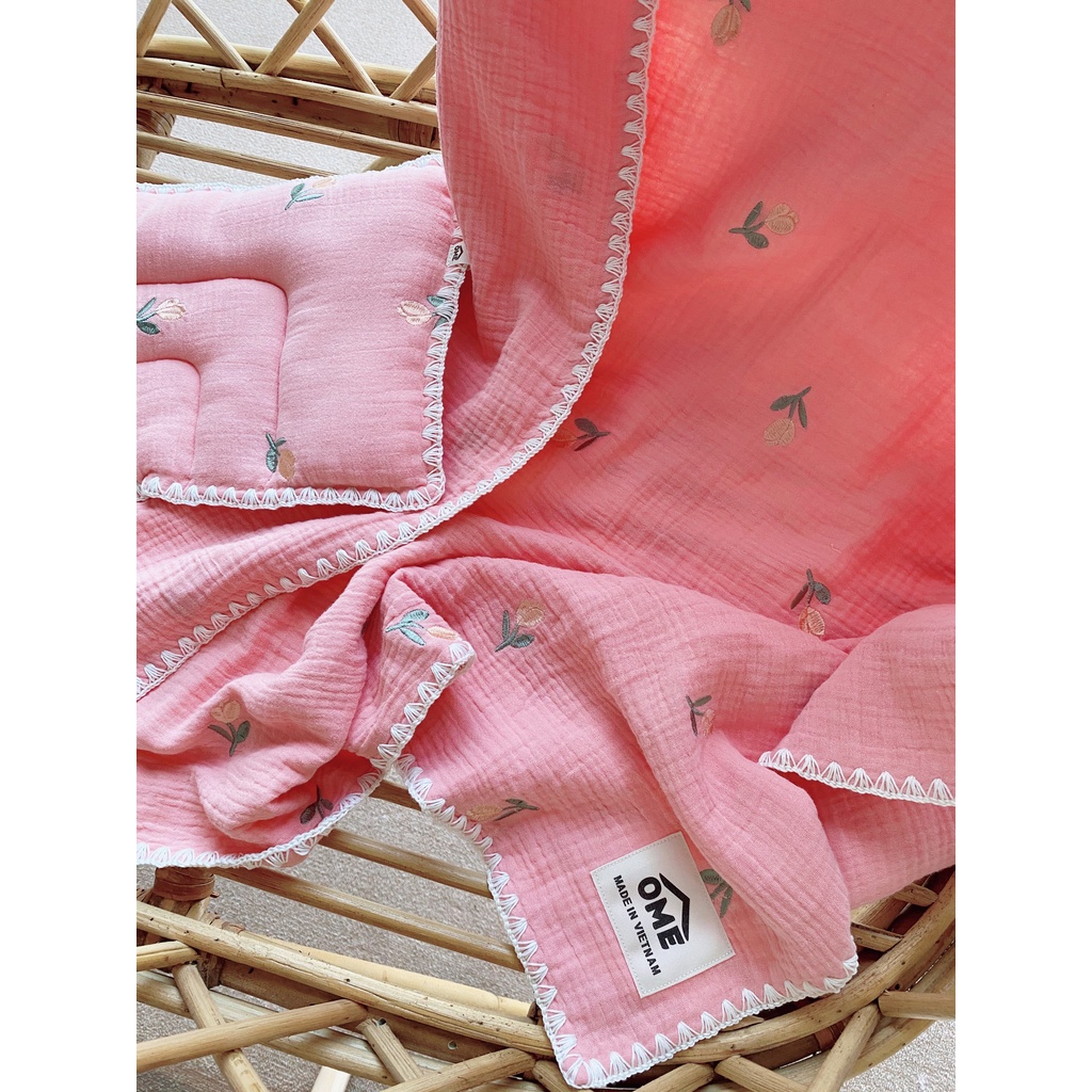 Set chăn gối vải xô muslin viền sò phong cách Hàn Quốc  OME