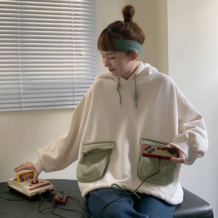 Áo hoodie tay dài dáng rộng phối lông màu sắc thời trang cho nữ