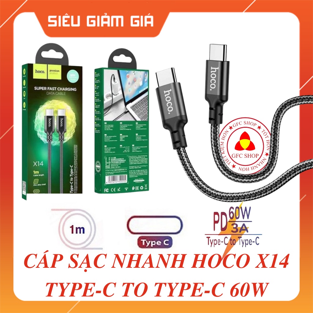 Cáp sạc nhanh Hoco X14 PD 60W Type-C to Type-C 3.0A dài 1m, truyền dữ liệu, dây bọc dù chống đứt, gãy gập