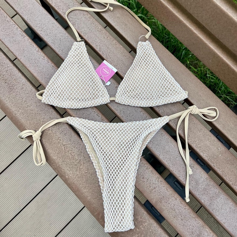 Bikini dáng tam giác hoạ tiết lưới màu be 2M0063