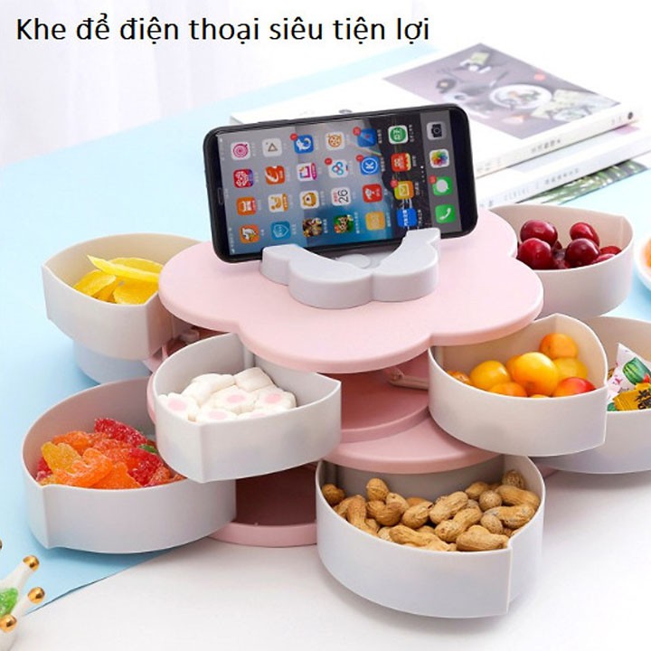 KHAY MỨT ĐỰNG BÁNH KẸO 10 CÁNH TỰ XOAY 2 TẦNG KÈM GIÁ ĐỠ ĐIỆN THOẠI