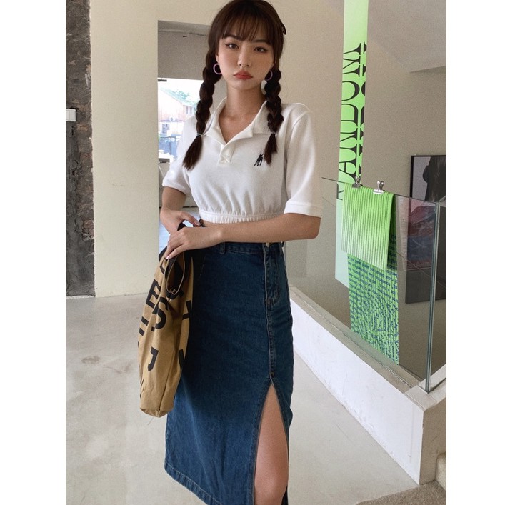 Chân váy jean cạp cao xẻ tà cá tính thời trang 43784