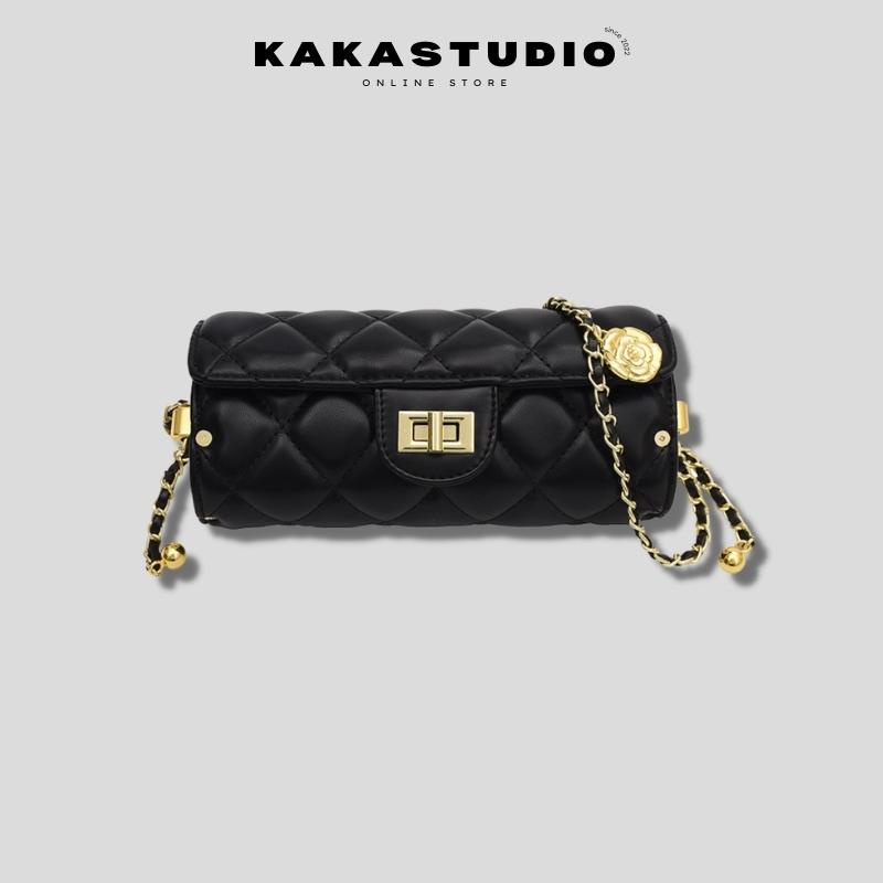 Túi đeo chéo nữ mini KAKASTUDIO túi nữ đeo chéo đẹp đi chơi hình trụ chất liệu da pu trần trám dây da phối xích hàng L1