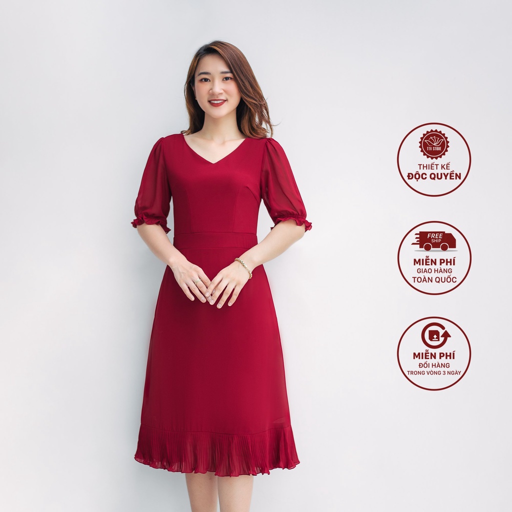 Đầm trung niên chữ a dự tiệc sang trọng cổ tim tay bo màu đỏ đô TTV972