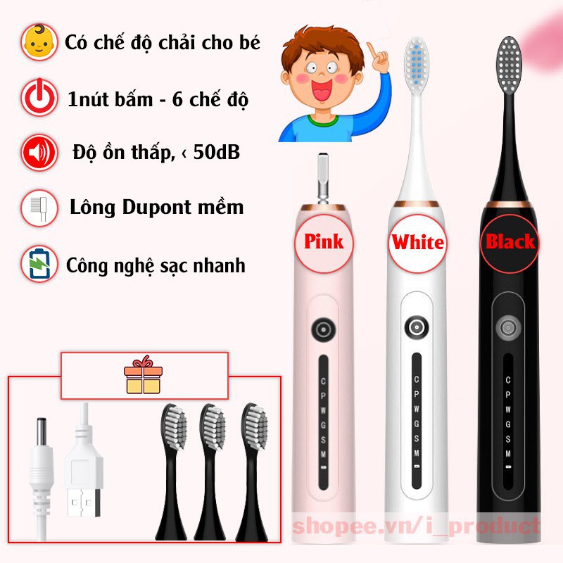 Bàn chải đánh răng điện Sonic X7 6 chế độ - TẶNG HỘP VÀ 4 ĐẦU BÀN CHẢi, Máy đánh răng Lông mịn, Bàn chải điện Chính hãng