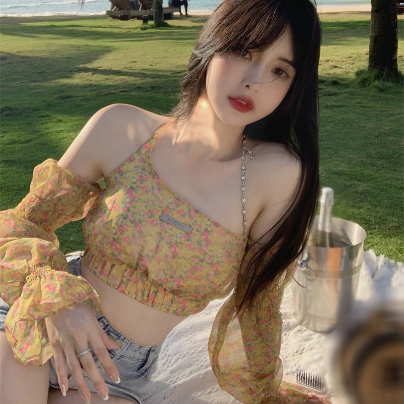 Áo Trễ Vai Dài Tay In Họa Tiết Hoa Thanh Lịch Dành Cho Nữ