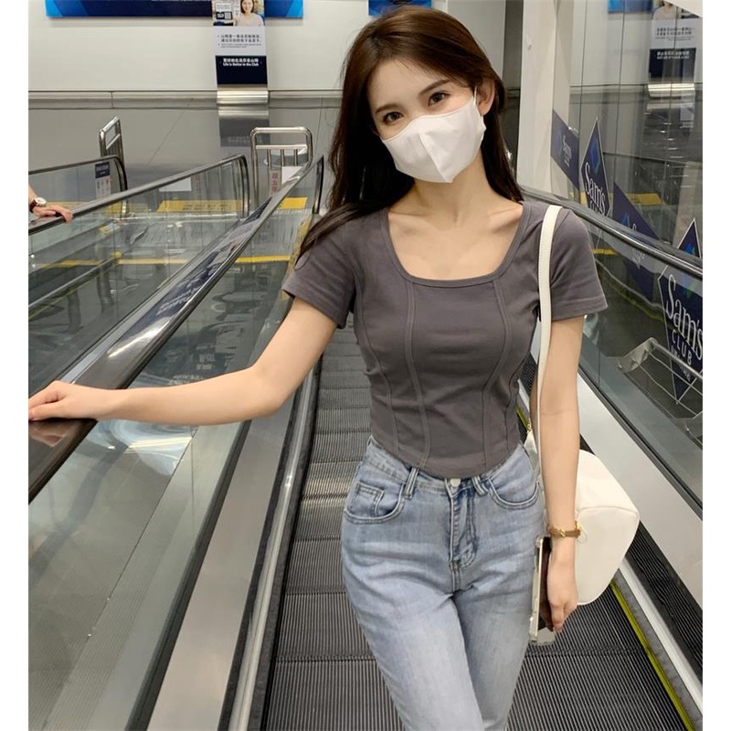 Áo thun croptop  cổ vuông thời trang phong cách Hàn Quốc cho nữ