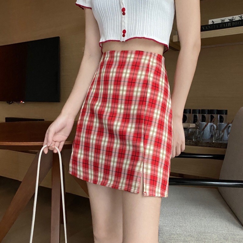 Sale -  CHÂN VÁY CHỮ A KẺ CARO XANH ĐỎ VÀNG KHÓA KÉO CHUN SAU - CHÂN VÁY KẺ CARO ULZZANG