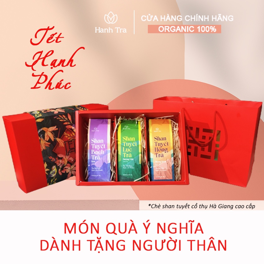 Hộp chè biếu Tết HẠNH PHÚC chè shan tuyết cổ thụ Hà Giang cả năm sung túc hộp quà tết ý nghĩa sang trọng