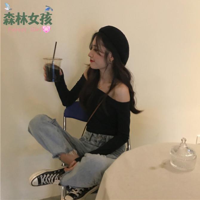 ✧♠◕Áo Thun Tay Dài Trễ Vai Ôm Dáng Màu Đen Quyến Rũ Dành Cho Nữ