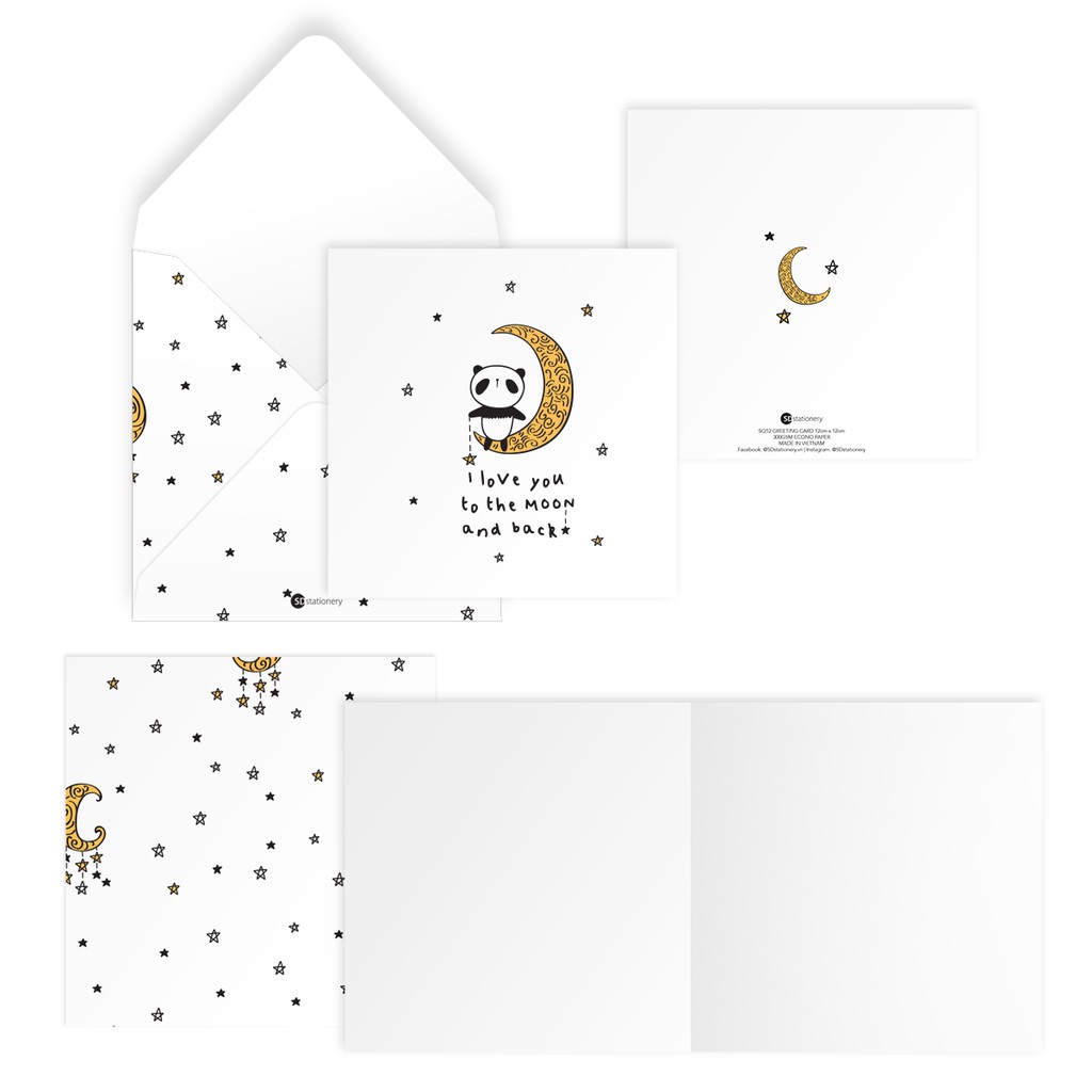 Thiệp tình yêu Valentine I LOVE YOU TO THE MOON AND BACK vuông 12cm SDstationery PANDA gấu trúc, trăng, sao